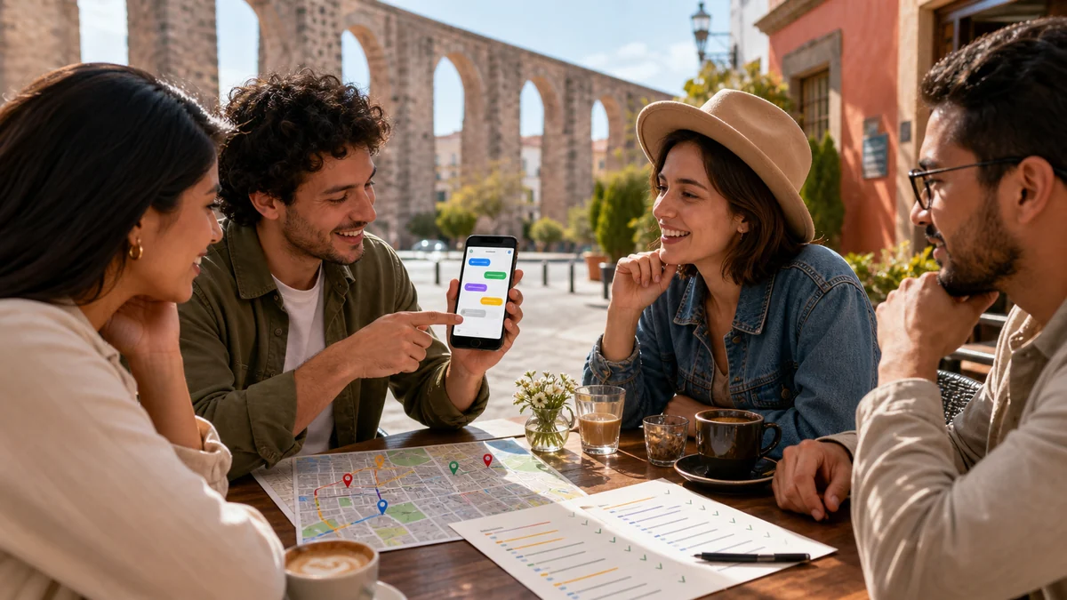 Travelers in Querétaro coordinating an abstract group chat beside a map and separate itinerary. Travelers in Querétaro coordinating an abstract group chat beside a map and separate itinerary.